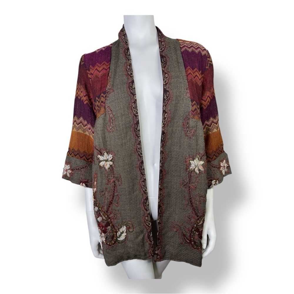 Soft Surroundings Women’s Izmir Wool Kimono Jacket Boho Embroidery Multi-Color L